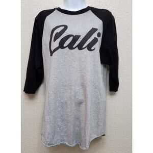 Alstyle Black Gray Cali Graphic Print T Shirt Large 3/4 Raglan Sleeves Soft